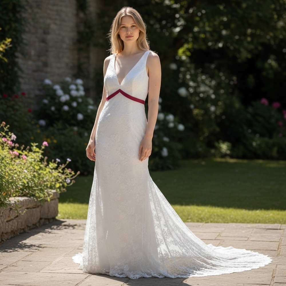 DaVinci Wedding Gown 14 White/Ruby Mermaid Style Lace Overlay Sleeveless NWT